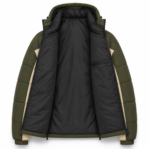 Premium Outdoor Puffer <b>Jacket</b> Cold Weather Padded Hood Contrast Construction Custom Badge OEM Zipper Pockets Elastic Wrist Cuffs - Product Image 5