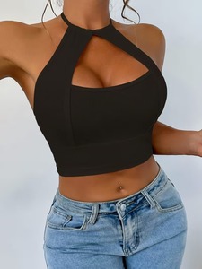 Seamless Ribbed Keyhole Halter <b>Crop</b> <b>Top</b> Front Cutout Back Tie Fitness Sports Bra High Elasticity Workout Activewear - Product Image 2