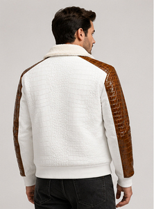Embossed Denim Loose 100% Cotton Safari <b>Jacket</b> for Men White Brown <b>Sherpa</b> <b>Lined</b> Autumn Front Logo Waterproof Reversible - Product Image 2