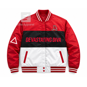Delta Sigma Personalizado |   Chaqueta de carreras Theta Sorority con logo bordado en rojo y blanco, estilo racing para mujer con forro de poliéster. - Product Image 1
