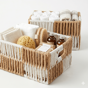 Stylish Two Tone Woven Rope Basket Rectangular <b>Storage</b> Container For Home <b>Bath</b> Organization Handwoven With Handles Eco Friendly - Product Image 5