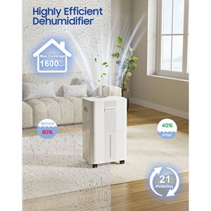 21 Pt. 1600 mq. Bianco 1600 mq. Deumidificatore con secchio e tubo di scarico per cantine, garage e ambienti umidi - Product Image 3