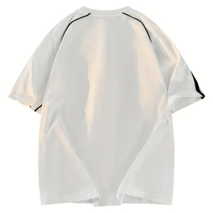 Men's <b>White</b> Short Sleeve T-<b>Shirt</b> O-Neck Oversized Fit Knitted Cotton Casual Style With <b>Black</b> <b>Stripes</b> On Sleeves T-<b>Shirt</b> - Product Image 2
