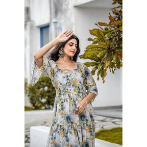 Stylish Georgette Gown with Square Collar and <b>Elastic</b> Waist Daily Wear Breathable Floral Print A-Line Silhouette RV Creation - Product Image 3