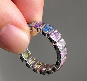 Multi Color Gemstone Radiant Cut Simulated Diamond Wedding Engagement Band Rainbow Color Bezel <b>Set</b> Full Eternity <b>Ring</b> for <b>Women</b> - Product Image 3