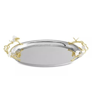 Elegant Design Decorative Tray Stainless Steel Oval Shape Tray With Butterfly Ginkgo Gold Handle Food Snacks Sweet Serving Tray - Product Image 1