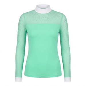 Camisa de Equitación de Manga Larga Color Verde Menta para Mujer, Cuello Alto, Spandex/Poliéster, Transpirable, Secado Rápido, Alta Calidad - Product Image 1