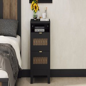 2 Drawer Farmhouse-Style Nightstand Wooden Strip Decorated Wood <b>Side</b> <b>Table</b> with Metal Handle Elegant Nightstand <b>Storage</b> Cabinet - Product Image 4