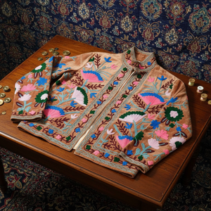 Brown Velvet Embroidery Bomber Jacket | Floral Needle <b>Work</b> <b>Stand</b> Collar Women Casual Wear Handmade Masterpiece Cotton Lining - Product Image 4