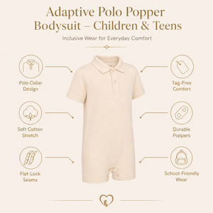 Ivory Polo <b>Popper</b> Bodysuit | Special Kids Sensory <b>Clothing</b> Inclusive Wear Cotton Stretch O-Neck Zipper Closure Unisex Breathable - Product Image 5