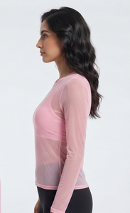 <b>Women's</b> Sheer <b>Mesh</b> <b>Top</b> Crew-Neck Long Sleeve Slim Fit Sporty Sheer T-Shirt Breathable Knitted Summer Quick Dry Sheer <b>Mesh</b> Tee - Product Image 3