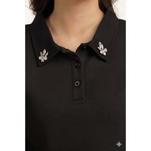 Suéter Polo Negro de Punto con Cuello de Flores, Estilo Casual Holgado para Otoño - Product Image 5
