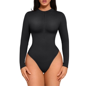 Sexy One-piece Zip Front <b>Bodysuit</b> Knee-Length Long Sleeve Stretch Bottom Anti-Bacterial Anti-Wrinkle Spandex/Nylon Yoga Sports - Product Image 2