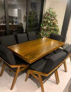 Modern Teak Wood <b>Dining</b> Table Set with Black <b>Armchair</b> Contemporary Luxury Furniture - Product Image 2