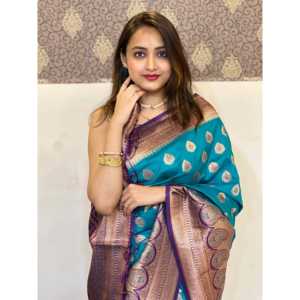 Sari Azul de Seda Suave con Zari Tejido en Contraste, Elegantes Vestidos de Noche - Product Image 1