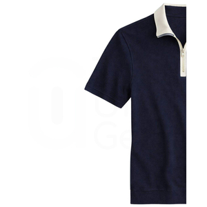 Polo de punto de manga corta azul marino para hombre con cuello cremallera y cremallera frontal, diseño casual liso, tela de algodón transpirable - Product Image 5