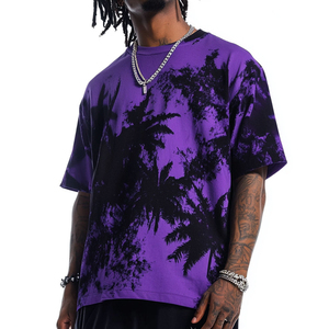 Camiseta de hombre oversize con estampado de palmeras moradas, manga corta, cuello redondo, estilo urbano, jersey de algodón, top informal, camiseta tie-dye para hombre - Product Image 2