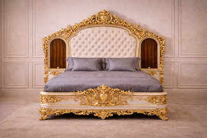 Juego de muebles de dormitorio de lujo estilo Maharaja a medida, cama tamaño King con acabado dorado y tocador, juego de dormitorio de madera de teca. - Product Image 2