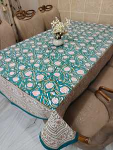 Hand Block Printed Table Cloth Rectangular Cotton Cloth Teal & Soft Pink Floral Hand-block Printed Cotton <b>Tablecloth</b> For Home's - Product Image 1