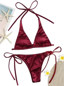 Ensemble bikini sexy pour femme, haut triangle à nouer, bas string, deux pièces, couleur unie, extensible, séchage rapide, plissé, maillot de bain pour vacances à la plage - Product Image 1