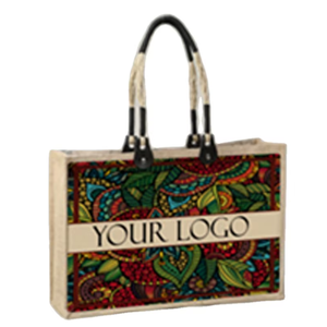 Bolsa de compras de arpillera de yute teñida reutilizable ecológica con asa de cuero logotipo impreso personalizado y patrón de letras - Product Image 1