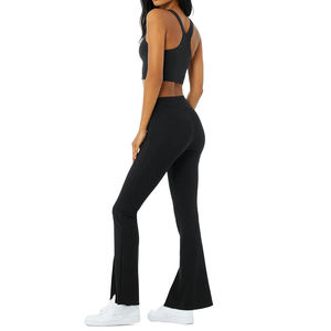 Ensemble de yoga 2 pièces noir, pantalon évasé taille haute, crop top dos nageur col en V, sans couture, respirant, couleur unie, longueur cheville - Product Image 5