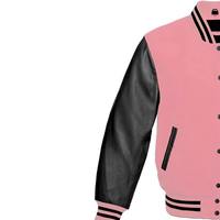 Veste universitaire rose avec manches en PU noir, logo M brodé, col montant, logo frontal, style preppy, vêtement d'automne unisexe, coupe classique