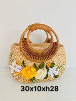 2024 baru trendi buatan tangan musim panas lembut air Hyacinth ritsleting tas jerami dengan dua pegangan tangan dihiasi dengan bunga