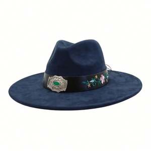 Nouvel Arrivage Chapeau Fedora en Daim Style National à Bord Large Plat avec Patch Brodé, Chapeau Jazz Décontracté et Tendance en Daim Coloré - Product Image 6