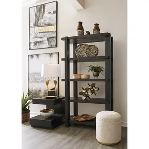 Estante de Diseño Costero Moderno en Hierro Negro con Jarrones y Plantas para Decoración de Sala de Estar - Product Image 1