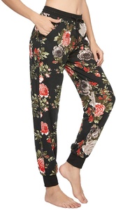 Pantalones de chándal con cintura elástica y estampado Floral para mujer, joggers delanteros planos sublimados con decoración de encaje, bolsillos con cordón, pantalones de salón - Product Image 4