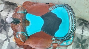 OEM <b>EQUESTRIAN</b> HORSE SINGLE BARREL TRAIL LEATHER WESTERN SADDLE HAND TOOLED TURQUOISE SUEDE SEAT WITH HEADSTALL BREASTPLATE SET - Product Image 3