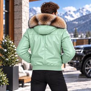 Genuine Leather Bomber Jacket with Fox Fur Hood, Breathable Plaid Pattern Winter Biker <b>Coat</b>, Lederjacke Herren - Product Image 6