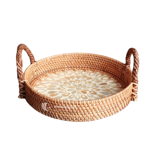 Round Mother of Pearl Serving <b>Tray</b>-Luxury Rattan Inlay Sunflower Mosaic Platter <b>with</b> Braided Rope <b>Handles</b> Household Decorative - Product Image 1