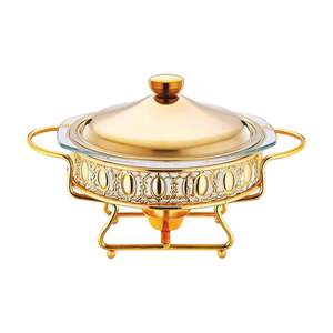 Recipiente Redondo Dorado para Servir con Tapa de Vidrio Templado, Calentado con Combustible, para Uso en Restaurantes y Banquetes - Product Image 1