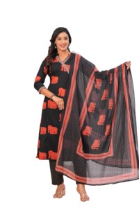 Ensemble de salwar kameez en coton imprimé ethnique noir pour femmes avec un dupatta élégant de créateur, style traditionnel indien pakistanais, kurta et pantalon - Product Image 3