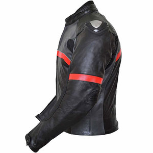 <b>Men's</b> Black Red Color Blocked Faux Leather Vintage Motorcycle <b>Jacket</b> Full Sleeve Zipper Closure Fitted Breathable Stand Collar - Product Image 3