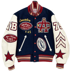Blouson universitaire personnalisé pour homme en laine et cuir de vachette, avec broderies chenille et écussons, style Letterman, col montant, modèle baseball, vendu à l'unité - Product Image 1