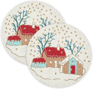 Christmas Village Hand <b>Beaded</b> Round <b>Placemat</b> Decorative Table Mat Holiday Dining Table Setting Home Party Decor - Product Image 1