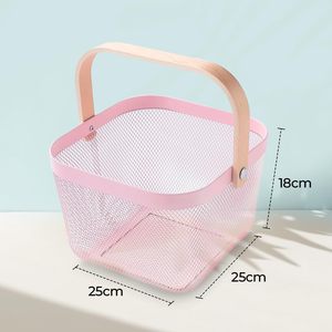 Elegant Pink Metal <b>Mesh</b> <b>Storage</b> <b>Basket</b> with Wooden Handle - Product Image 2