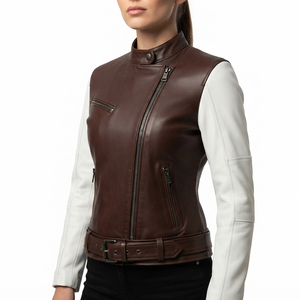 Blouson de motard en cuir véritable noir pour femme, style vintage, coupe ajustée, avec fermeture éclair personnalisée, vente en gros - Product Image 6