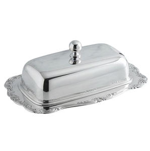 Beurrier rectangulaire argenté avec couvercle, vaisselle classique en métal poli pour la cuisine et les fêtes - Product Image 2