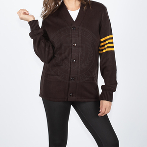 Cardigan en acrylique marron tricoté à col en V avec rayures jaunes sur les manches, pull unisexe coupe classique pour l'école et le collège - Product Image 3