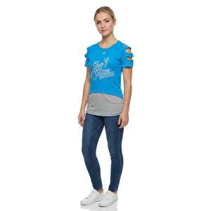 Women's Blue Cold Shoulder T-Shirt Glitter Print Letter Design Slim Fit Casual Short Sleeve Crew Neck Breathable Summer Top - Product Image 1