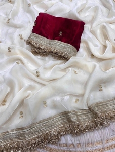 Sari de Seda Pura Bordado KV Estilo Bollywood (Blanco, Crema) - Product Image 4
