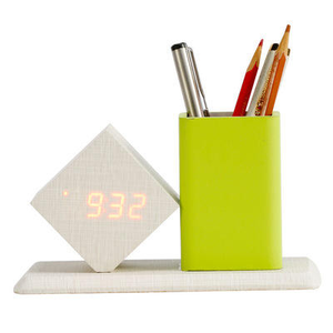 Multi-function Table Desk Wooden Pen Holder with Digital <b>LED</b> Alarm <b>Clock</b> - Product Image 1