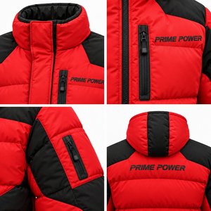 Veste matelassée à capuche rouge pour homme Prime Power, coupe-vent, manteau d'hiver sportif, vêtement d'extérieur matelassé avec des accents noirs et fermeture éclair - Product Image 3
