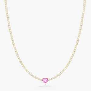 Heart Cut Pink Sapphire Tennis <b>Choker</b> Necklace 10k 14k Solid Gold Round Moissanite Classic Layering Statement Necklace For women - Product Image 1