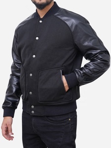 Blousons universitaires pour hommes 2026 en gros – Blousons Letterman personnalisés en mélange de laine noir avec manches en cuir - Product Image 3