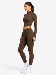 2-Piece Yoga Set Quarter-Zip Crop Top High-Waist Full-Length <b>Leggings</b> Seamless Solid Brown Spandex/<b>Nylon</b> Breathable Quick Dry - Product Image 2